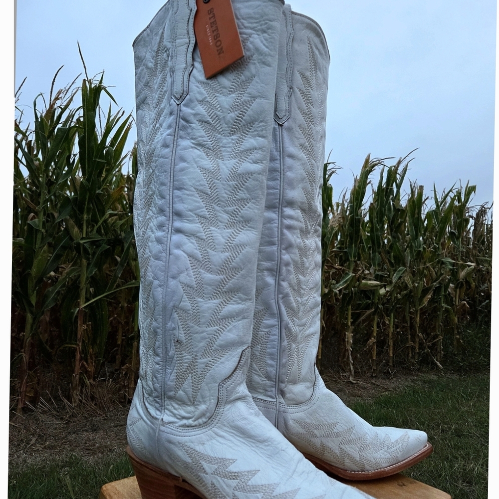 Stetson White Leather Heeled Boots